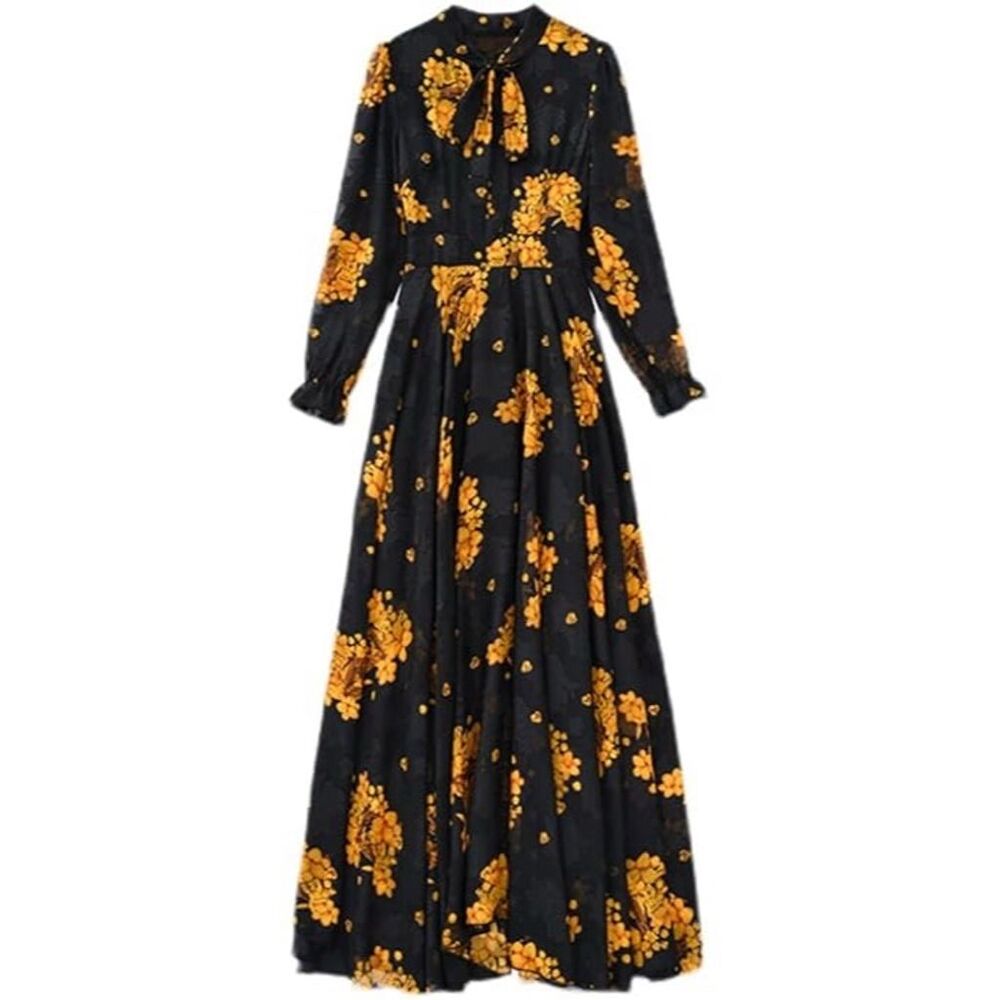 Women's Black Floral Maxi Dress Bow Tie Collar Long Sleeve Party